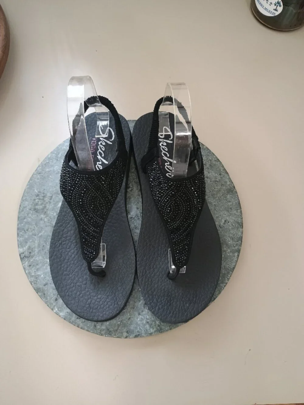 Skechers Cali Meditation Sandals New Moon Black Embellished Size 9 Yoga Foam